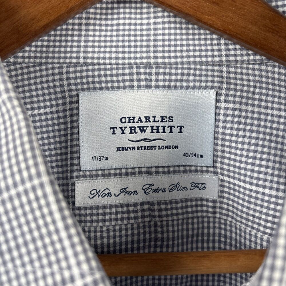 Charles Tyrwhitt Shirt Men 17-43” FRENCH CUFFS Extra Slim Fit Gray Tattersall LS - Picture 3 of 10